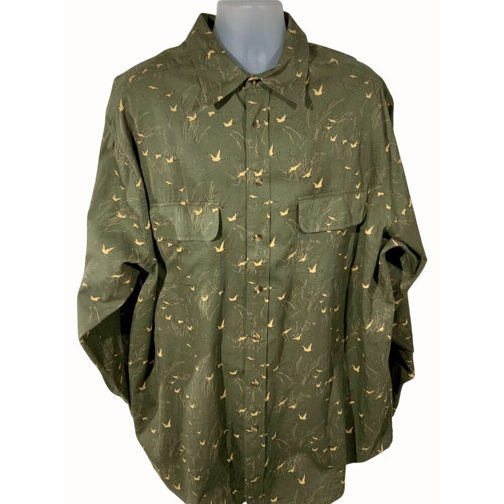 Roundtree & Yorke 2XLT Green Button Up Shirt Hunting Duck Bird Print Long Sleeve